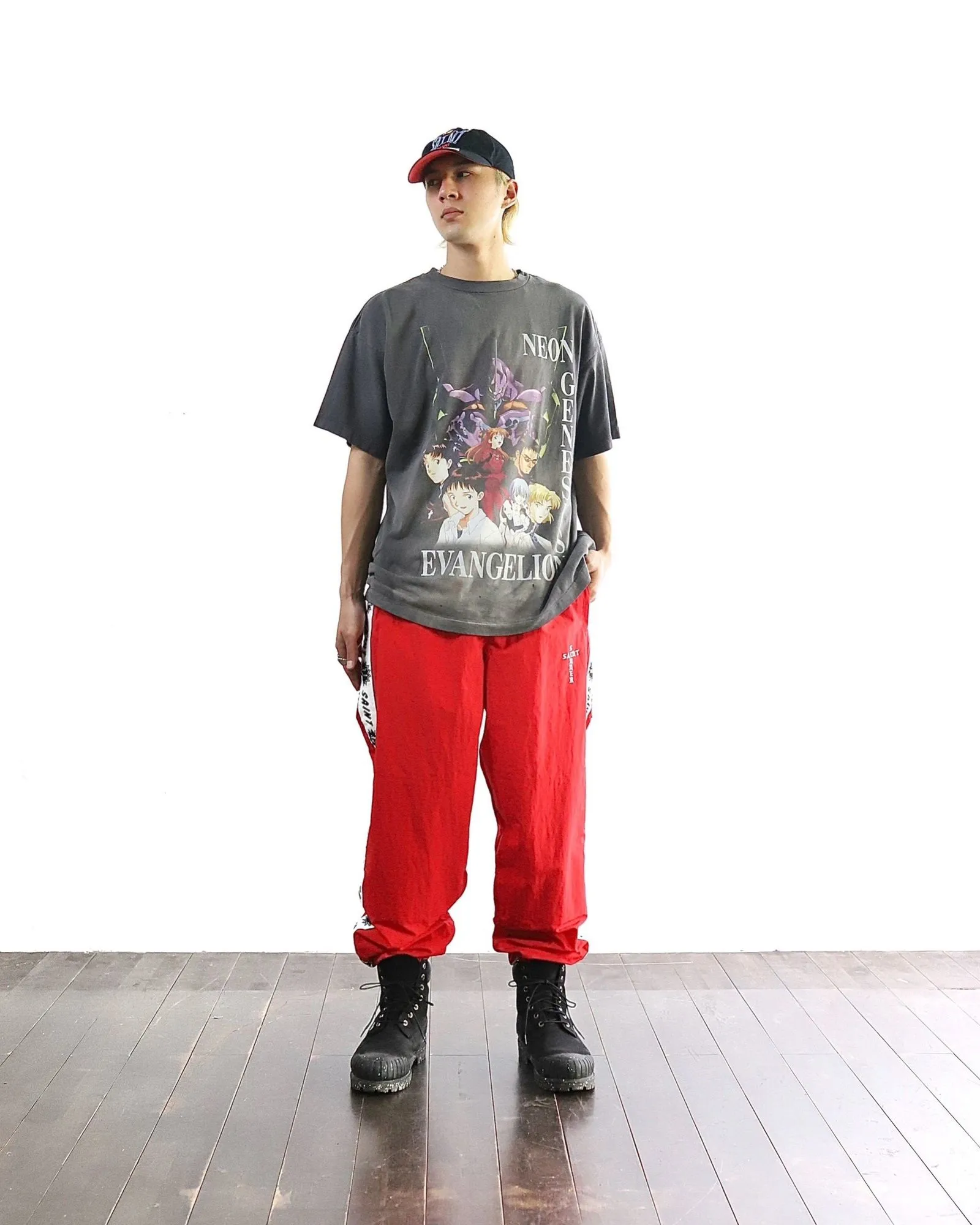 SAINT Mxxxxxx × EVANGELION NEON GNSIS TEE/BLK co-branded Neon Genesis Evangelion distressed short-sleeves, washed black S-XL, vintage NEW VINTAGE, top printing technology, garment dyeing, re-washed, distressed, correct co-branded main mark/washing mark